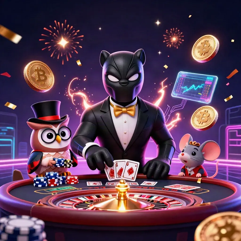 Panther, owl, and mouse amid casino treasure, coins, cards, fireworks, and neon glow.
