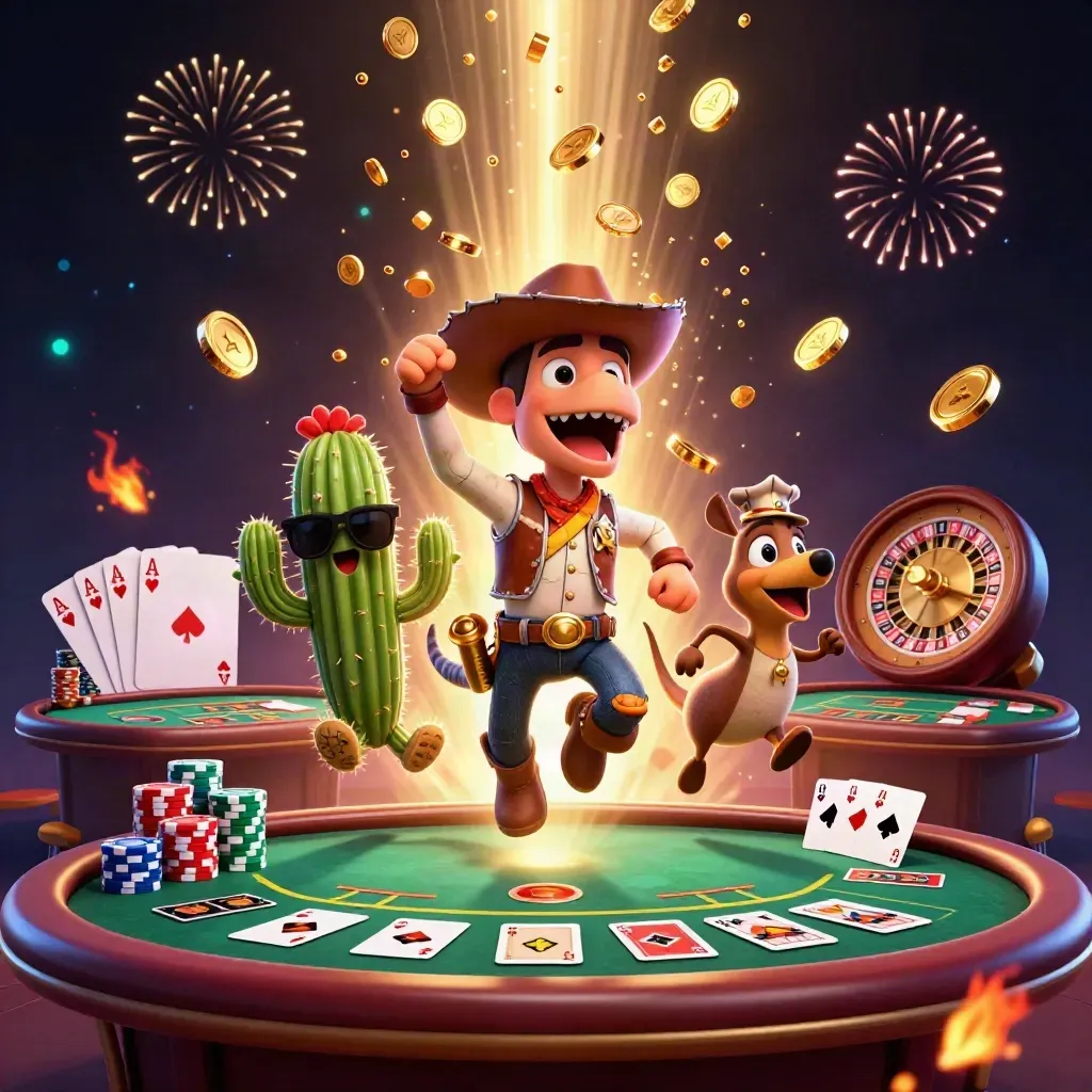 Cowboy T-Rex, cactus, and roadrunner celebrate amid bursting coins, chips, cards, and casino lights.