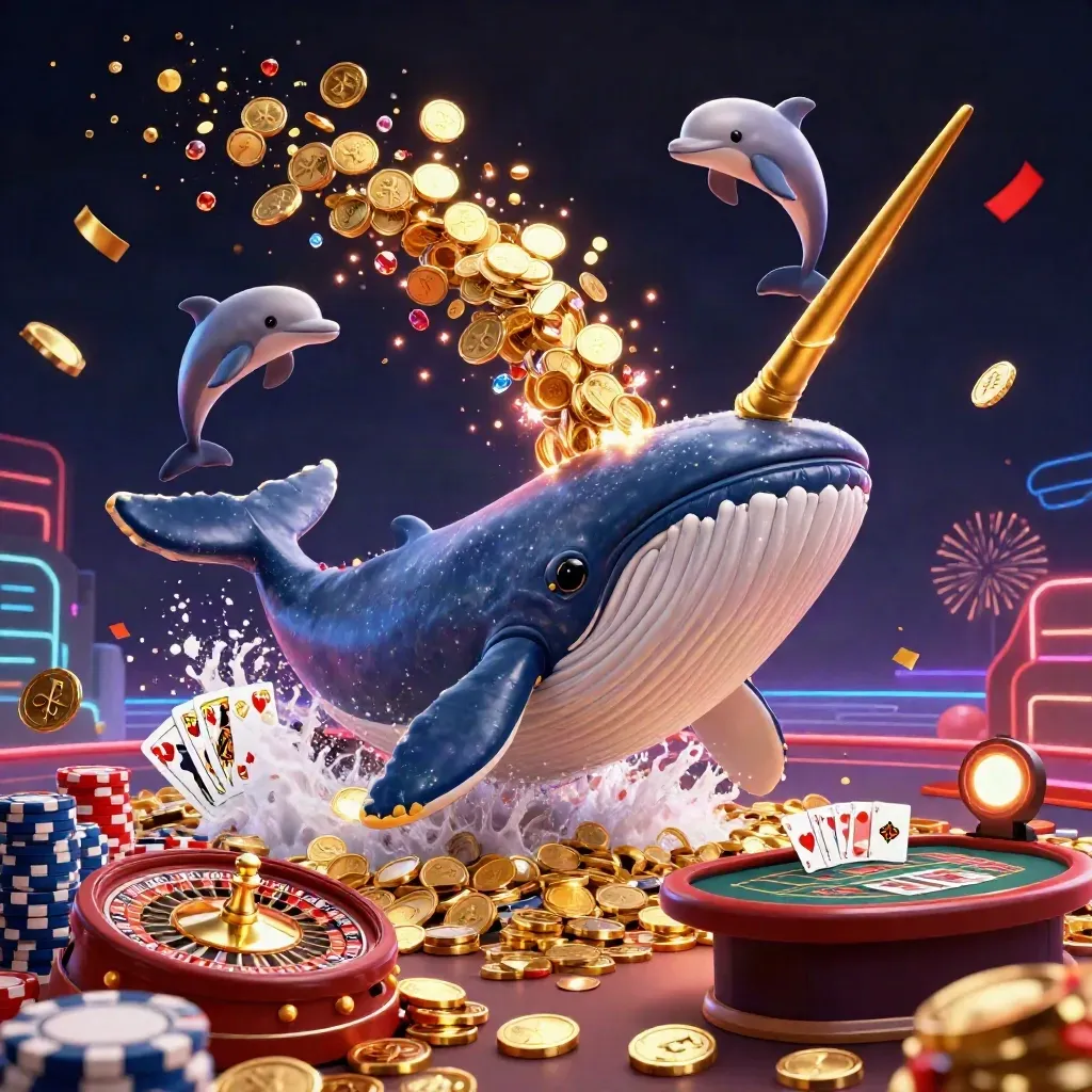 Cartoon whale captain, narwhal and dolphins amid coins, chips, roulette wheel and fireworks.