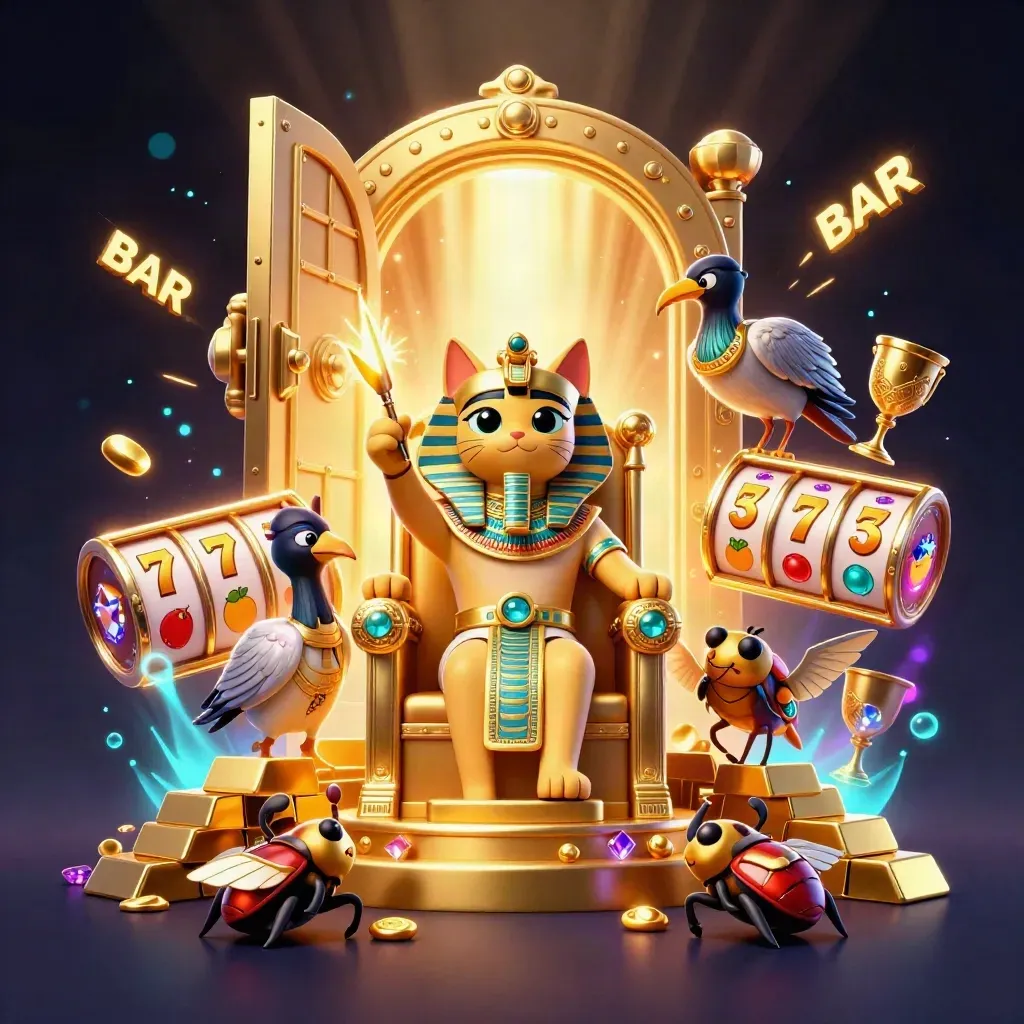 Pharaoh cat on golden throne with ibis scribe, scarabs, vault light, gold, gems, and casino reels