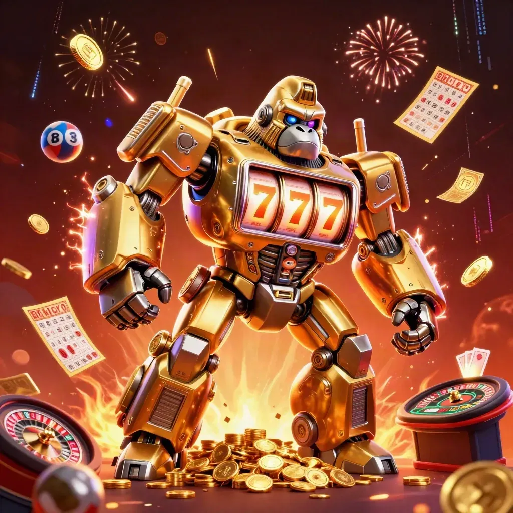 Golden gorilla mech casino burst with monkey pilot, coins, lights, and game icons.