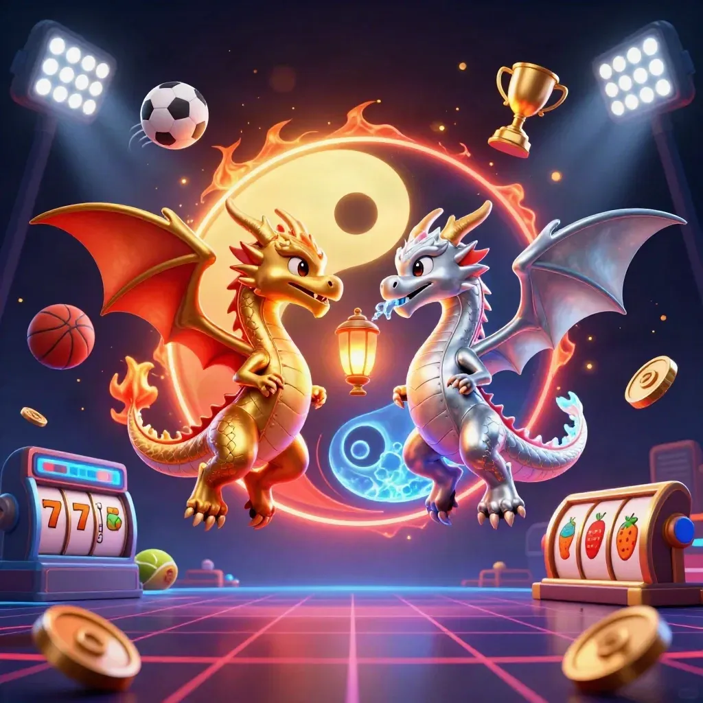 Gold and silver dragons in yin-yang flight with casino glow, coins, reels, and neon beams