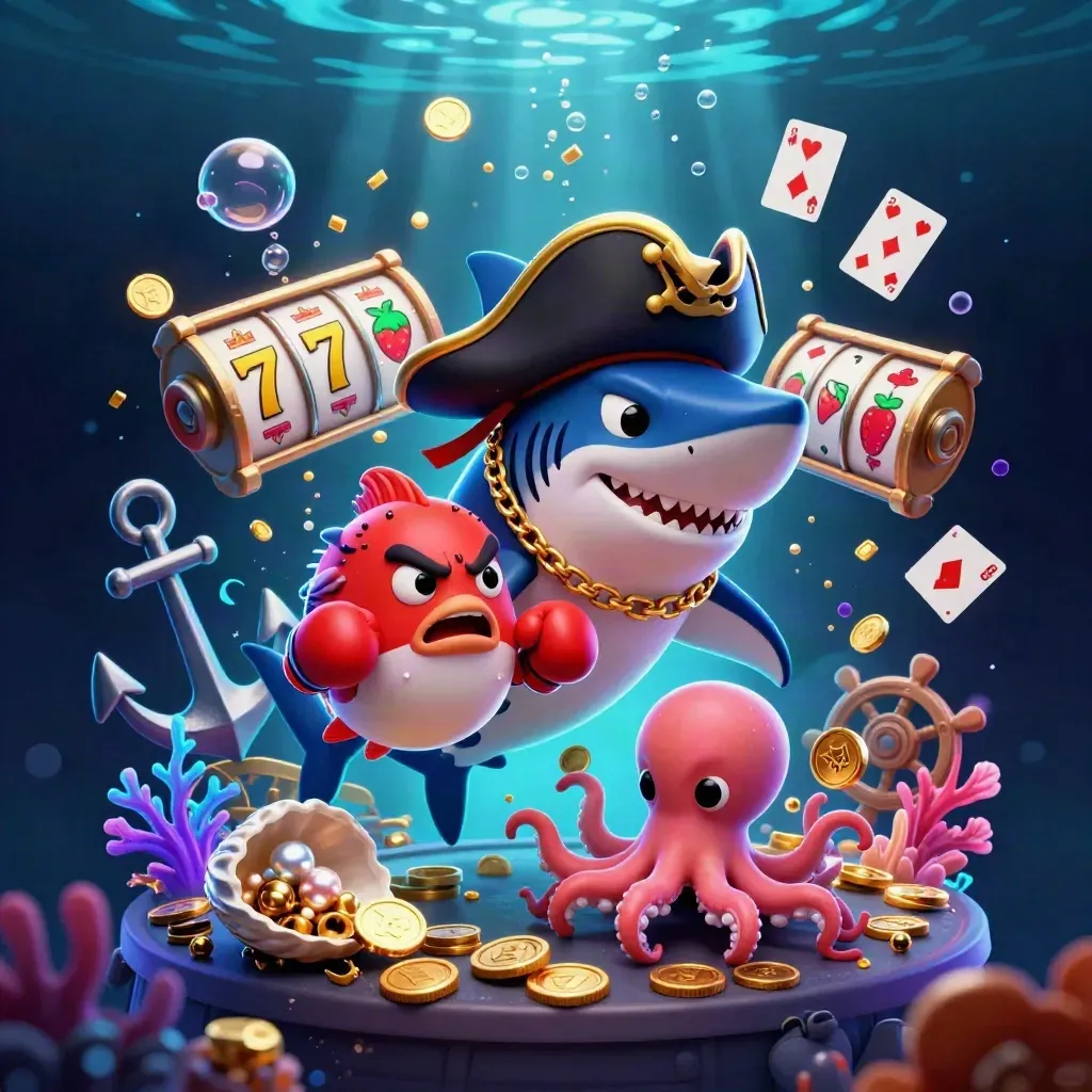 Pirate shark, red pufferfish, and baby octopus amid glowing treasure, coins, and casino symbols underwater
