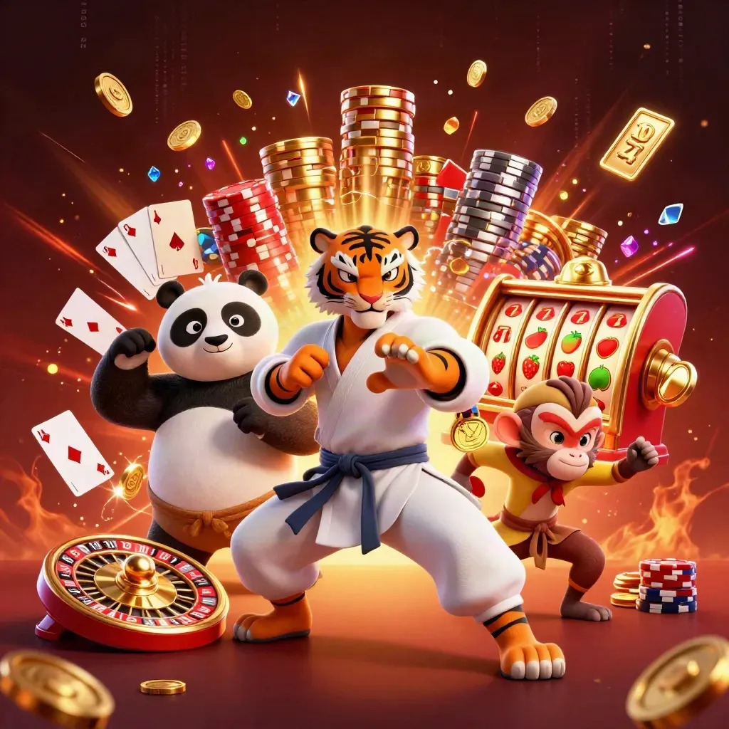 Tiger, panda, and monkey in a fiery casino burst with coins, roulette, cards, and chips.
