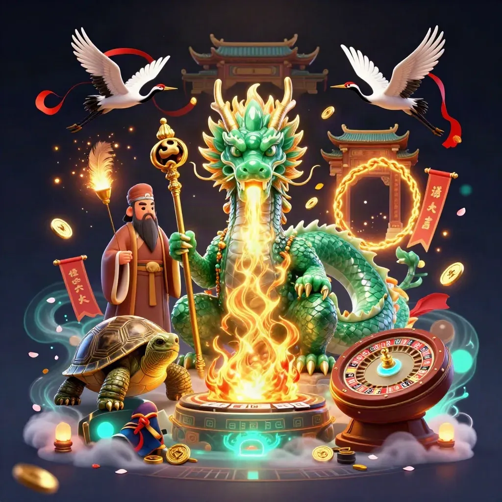 Jade dragon, turtle sage, and cranes amid gold fire, casino relics, and neon casino-fantasy light.