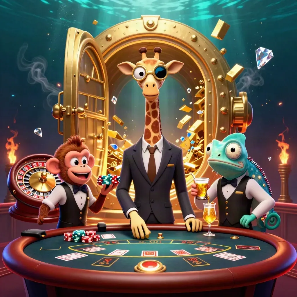 Giraffe, monkey, and chameleon at a glowing VIP table with vault treasure and casino lights.