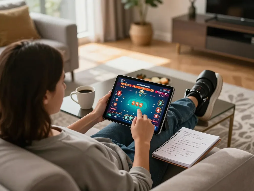 90P online poker gaming session showing a person engaged on their tablet while practicing strategies.