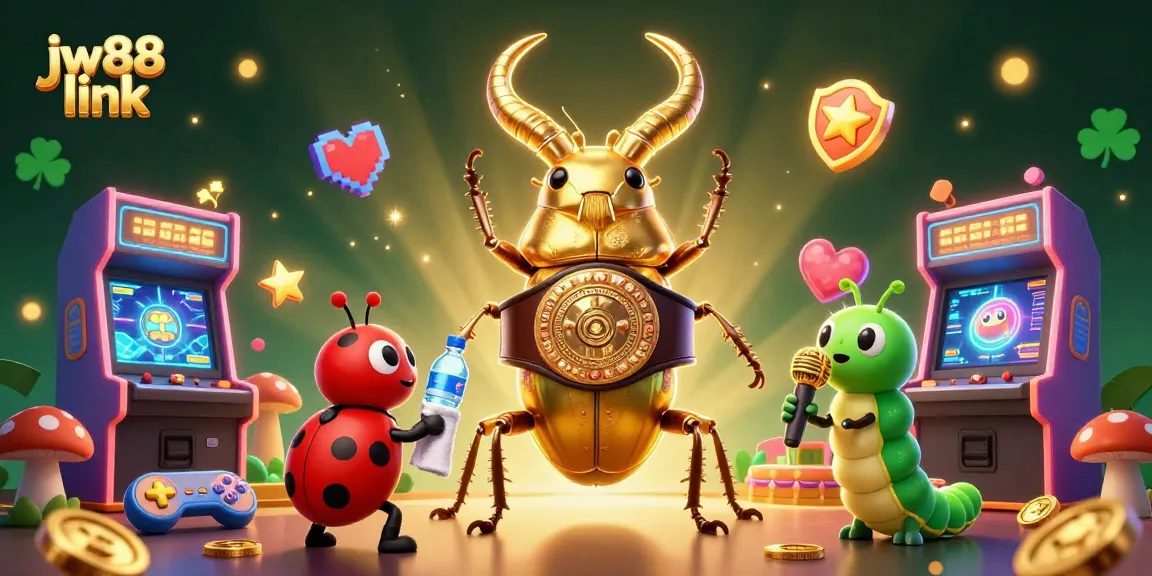 Engage with JW88 link as the giant golden stag beetle battles on a colorful gaming stage filled with excitement.