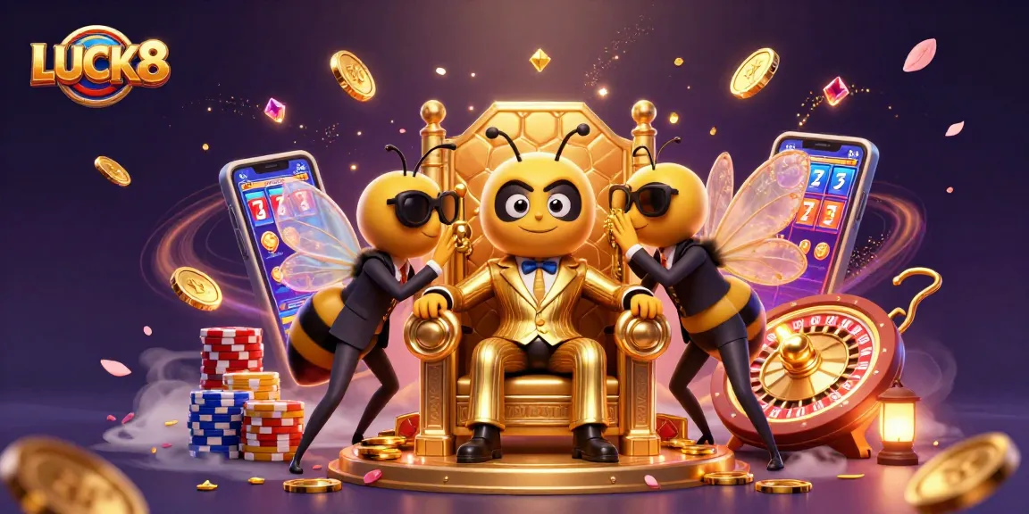 LUCK8 reveals a vibrant 3D casino scene with a bee mob boss among sparkling gambling elements.
