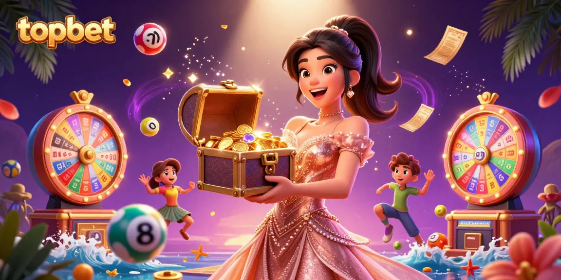 Engage with topbet's vibrant treasure scene filled with lottery elements and sparkling gems.