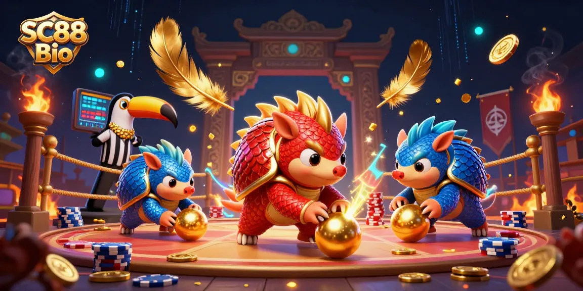 Engage with SC88 Bio's thrilling casino rivalry featuring armored pangolins and poker chips.