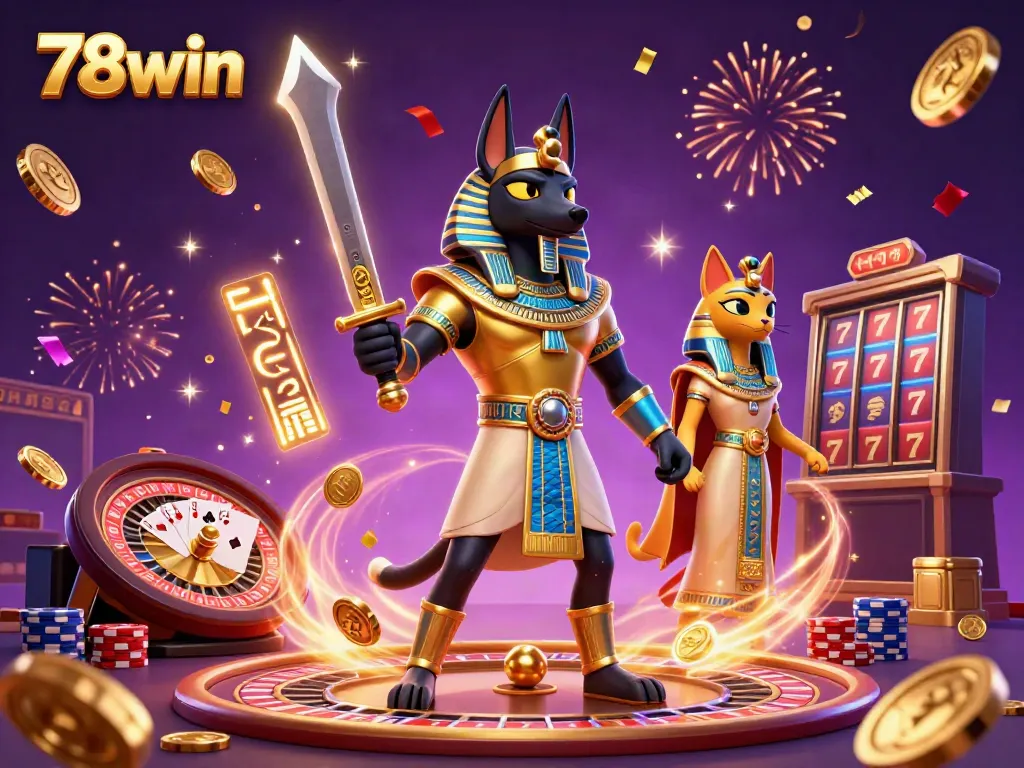 Experience the thrill of 78win with Anubis and Bastet in a vibrant 3D casino scene.