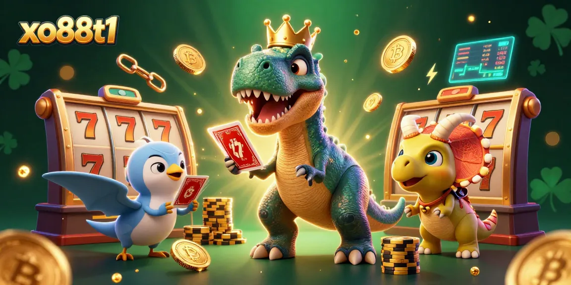 Experience thrilling gameplay with xo88t1 featuring a T-Rex shuffling cards with crypto elements.