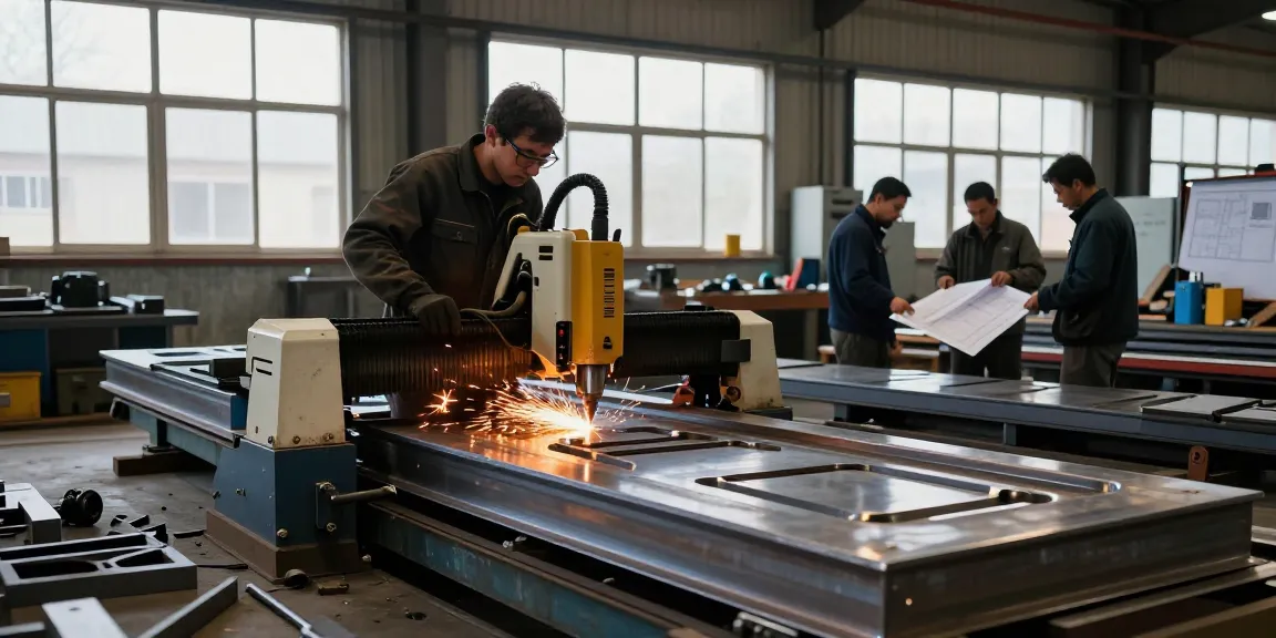 Expert metalworker at commercial steel company using CNC plasma cutter for custom metal fabrication