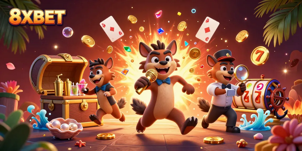 Experience the excitement of 8XBET in a vibrant casino illustration featuring hyenas in action.