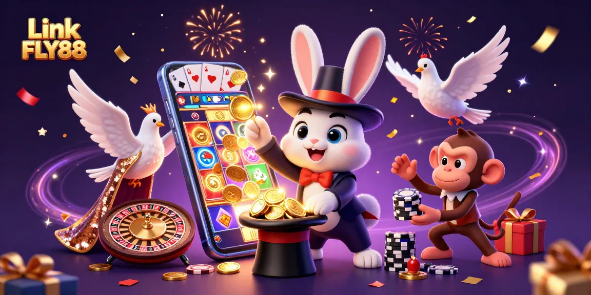 Experience excitement with Link FLY88 as a magician rabbit conjures coins in a vibrant casino scene.