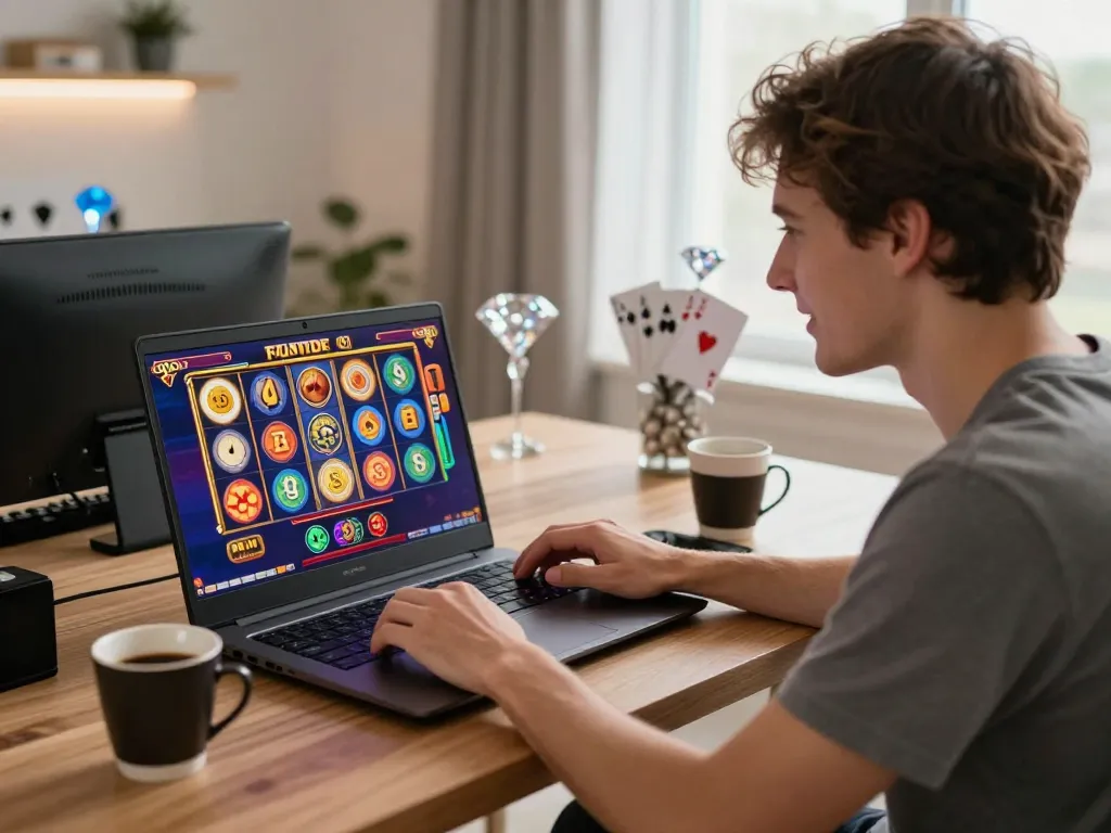 Player enjoying a vibrant slot game on 789club platform, showcasing engaging graphics in cozy home setting