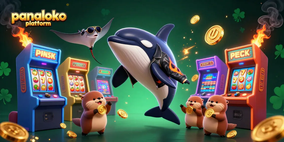 Panaloko platform showcases a lively scene with an orca in a biker jacket, surrounded by gaming elements and riches.