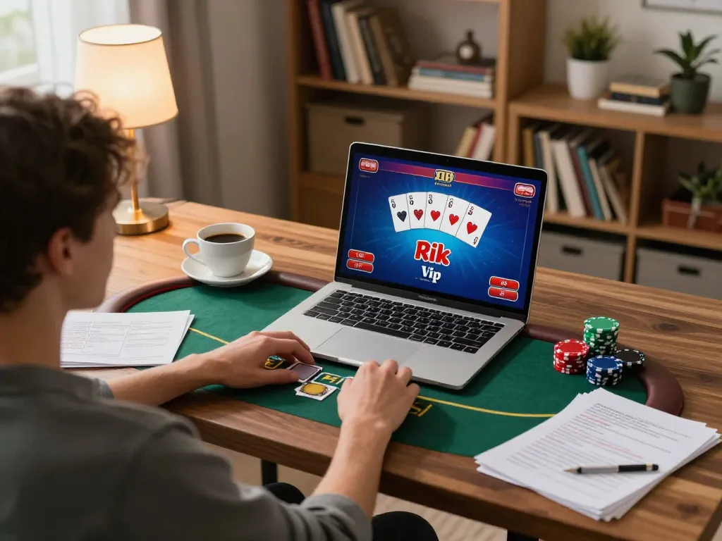 Engaged player enjoying Rik vip poker game on a laptop in a cozy home setting surrounded by strategy notes.
