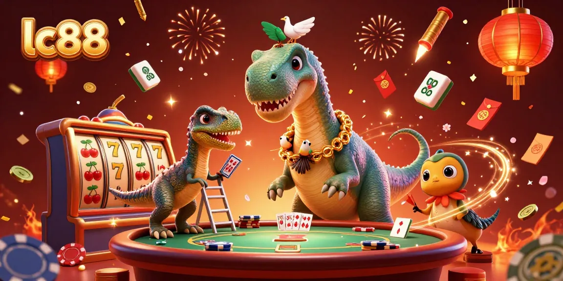 lc88 showcases a vibrant casino scene with a brontosaurus, raptor dealer, and dynamic game elements.