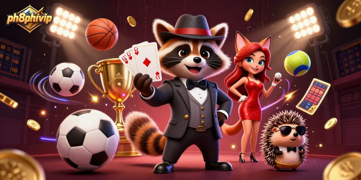 Experience ph8phivip thrilling gaming action with a suave raccoon, fox companion, and hedgehog bouncer.