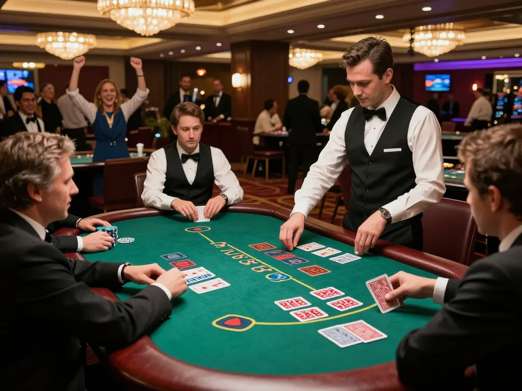 Players enjoying strategic blackjack at an upscale casino table, showcasing the intense atmosphere with da88.