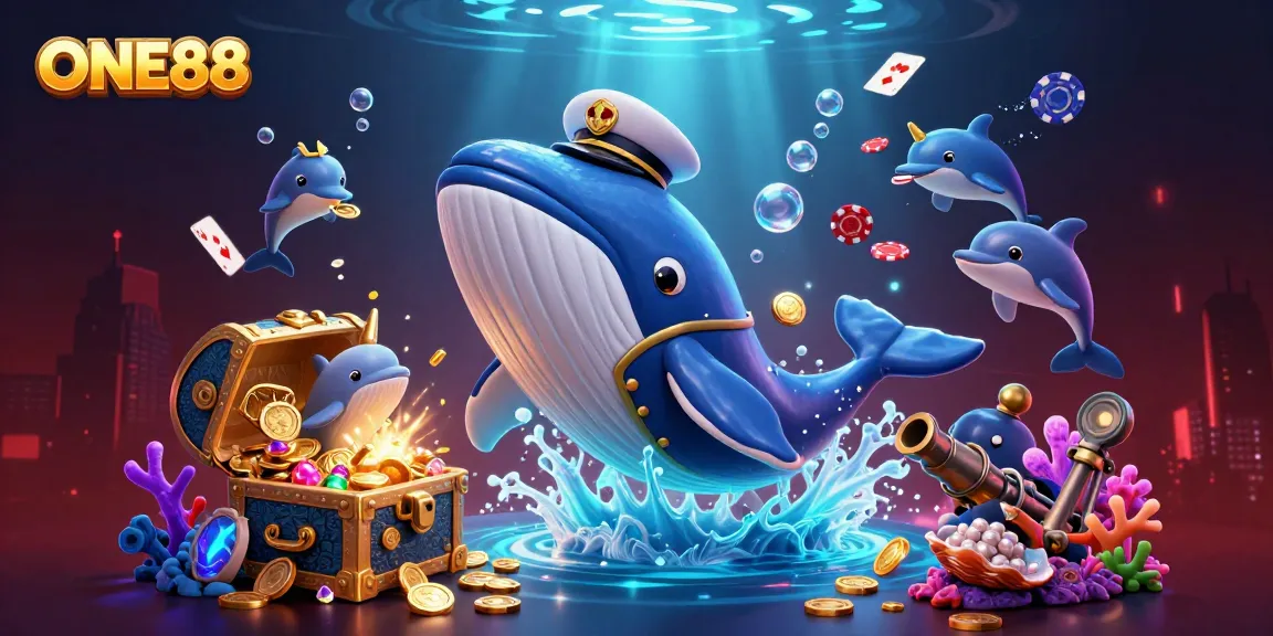 Engage in winning strategies with ONE88's thrilling underwater casino adventure featuring a whale, narwhal, and playful dolphins.