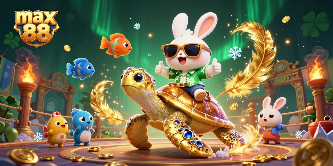 Engage with max 88 as the lucky rabbit rides a golden turtle amid vibrant casino elements.