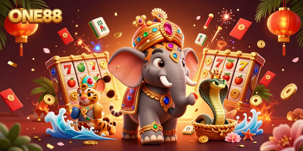 Engage with ONE88's vibrant casino scene filled with slot reels and festive elements.
