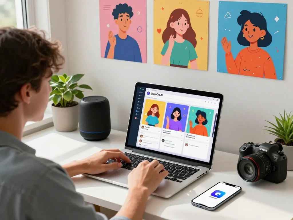 User exploring CrushOn AI platform chat features with vibrant character designs in an engaging digital workspace.
