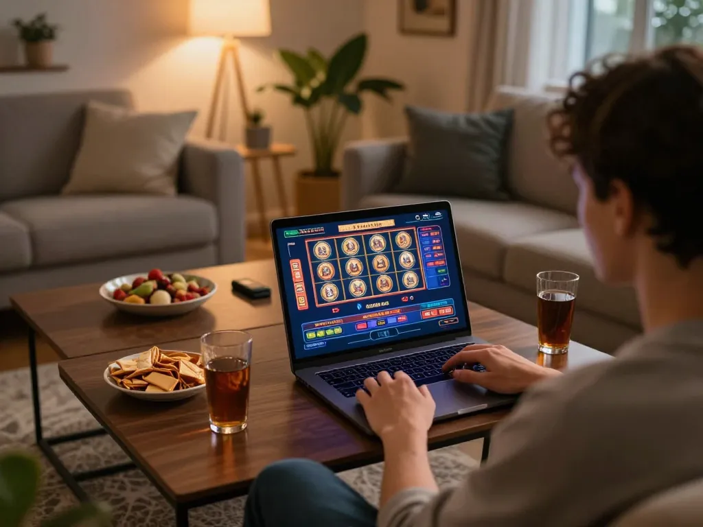 Playing online casino games on 78win in a cozy home environment with snacks and a laptop.