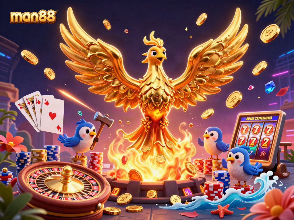 Experience the excitement of man88 with a vibrant 3D casino scene showcasing golden treasures and gaming elements.