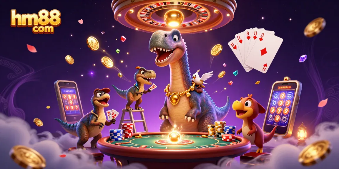 Engage in thrilling games at hm88 com with a vibrant scene of a giant brontosaurus and clever raptor in a casino.