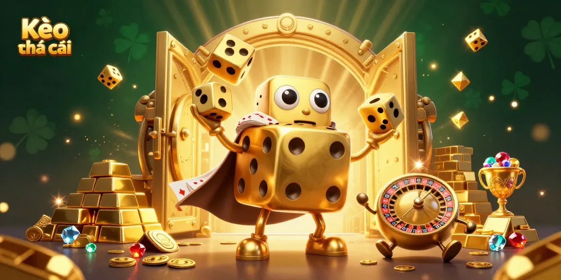 The rich scene depicts Kèo nhà cái with animated golden dice golem and jewels, showcasing thrilling sports betting dynamics.
