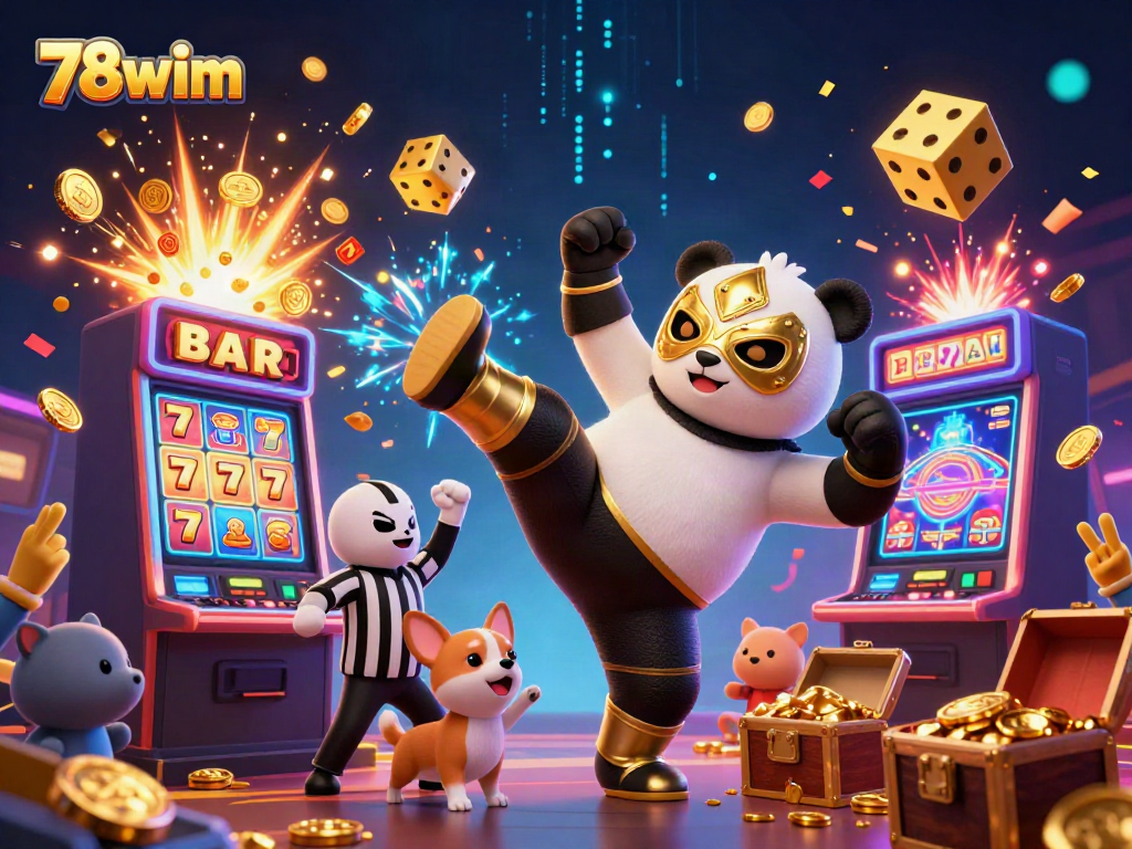 Engage with the thrilling 78wim casino scene featuring a wrestler panda in action, amid a jackpot explosion of colorful slot game elements.
