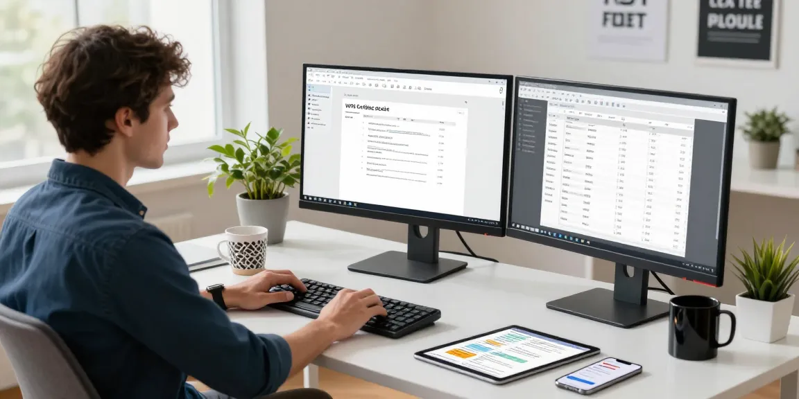 WPS Download in a tech workspace with dual monitors displaying document editing tools and a focused developer.
