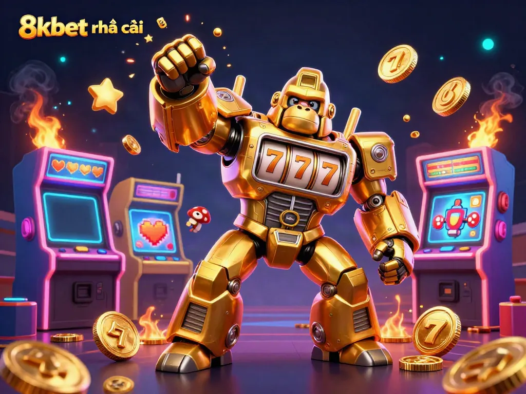 Experience excitement at 8xbet nhà cái with a dynamic 3D cartoon scene showcasing a golden gorilla mech amidst vibrant arcade elements.