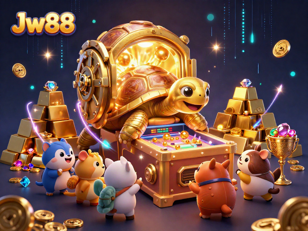 Engaging illustration showcasing Jw88 casino dynamics with a golden tortoise and treasure.