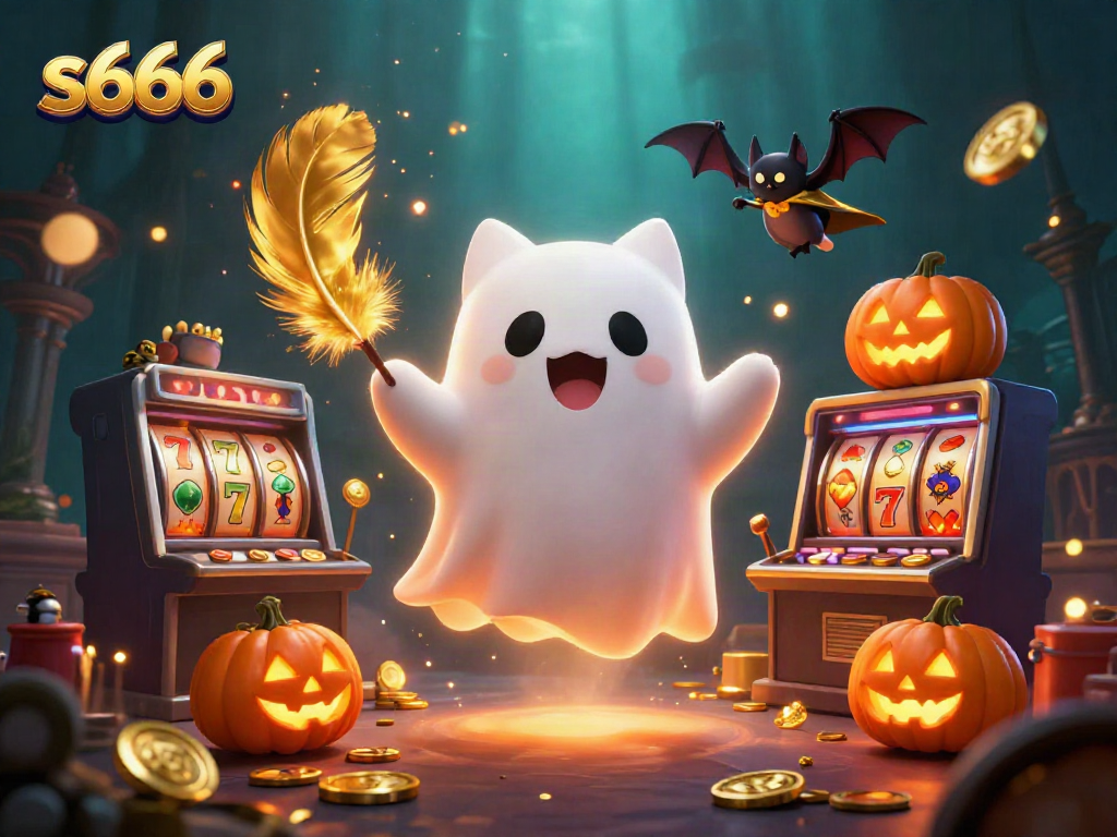 s666 showcases a 3D ghost cat and bat exploring an immersive haunted casino with vibrant gaming elements.