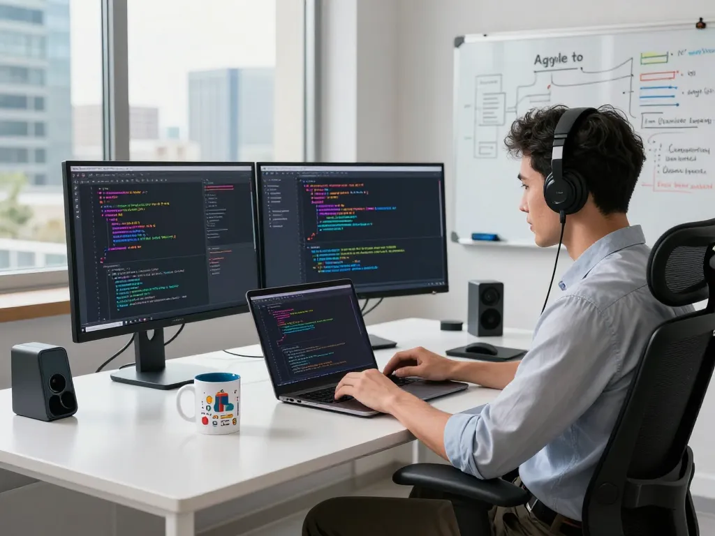 Dynamic coding environment with programmer at https://thscrore.app/ and tech gadgets, showcasing innovation and focus.