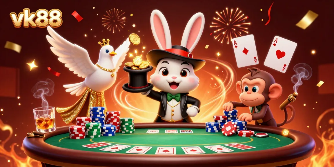 Experience magic and excitement with vk88 at this vibrant poker scene filled with colorful chips and enchanting characters.