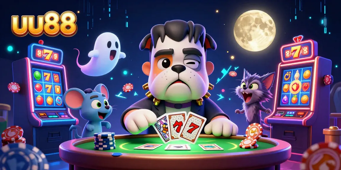 Win big with uu88 as a cartoon bulldog deals cards at a spooky casino table.