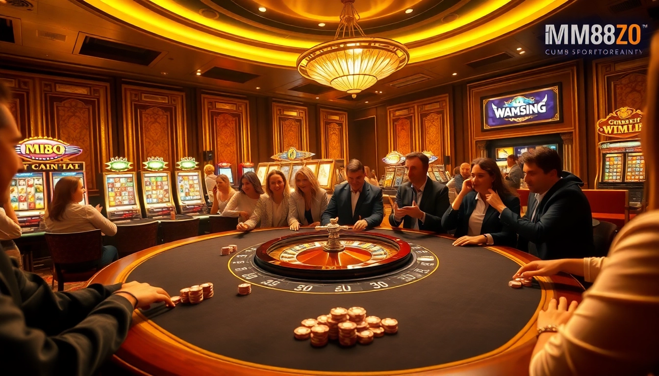 Exciting gambling atmosphere at MM88 ZO casino features poker tables and vibrant slot machines.