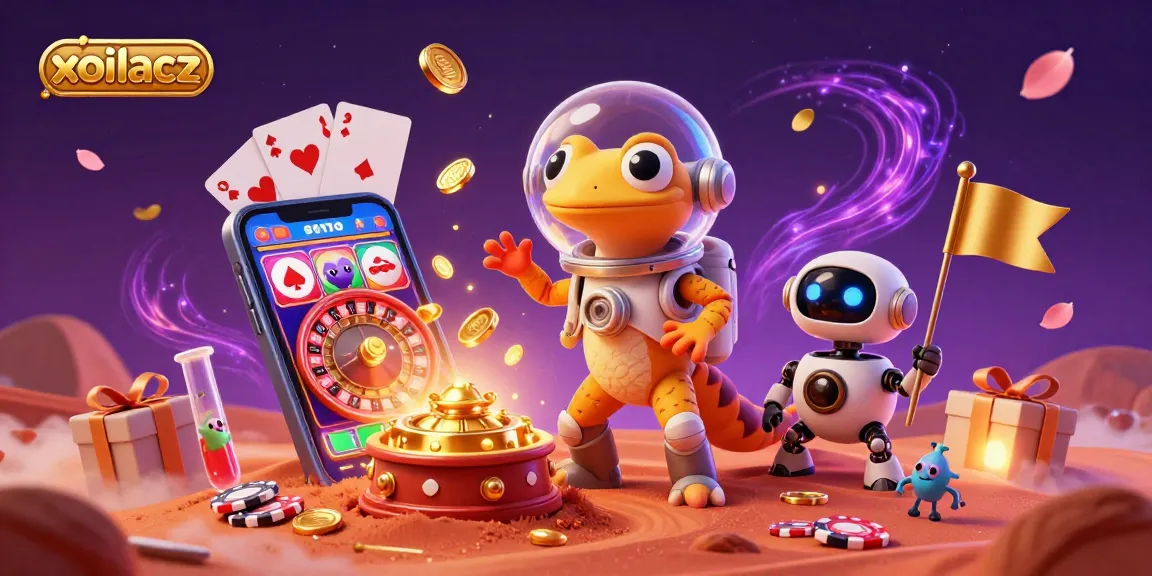 Xoilacz theme with a Martian gecko, exploring a casino on Mars, surrounded by gaming elements.