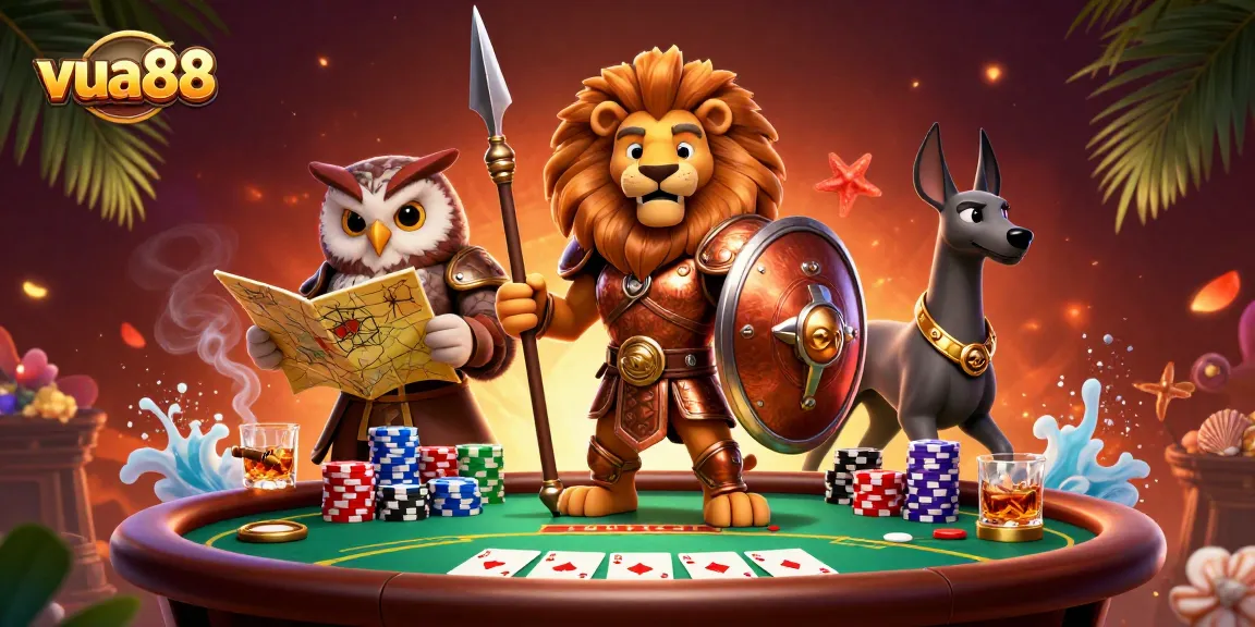 Experience the thrill of vua88 with a vibrant poker scene featuring cartoon characters and dynamic game elements.