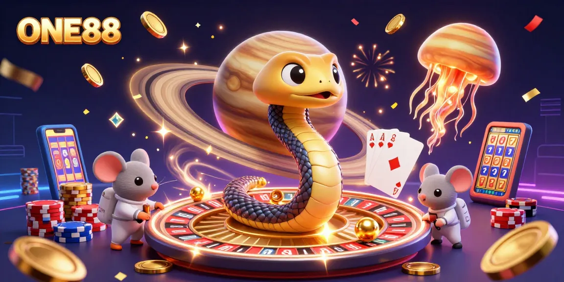 Join the excitement at ONE88's cosmic casino with a roulette wheel and gambler mice in action.