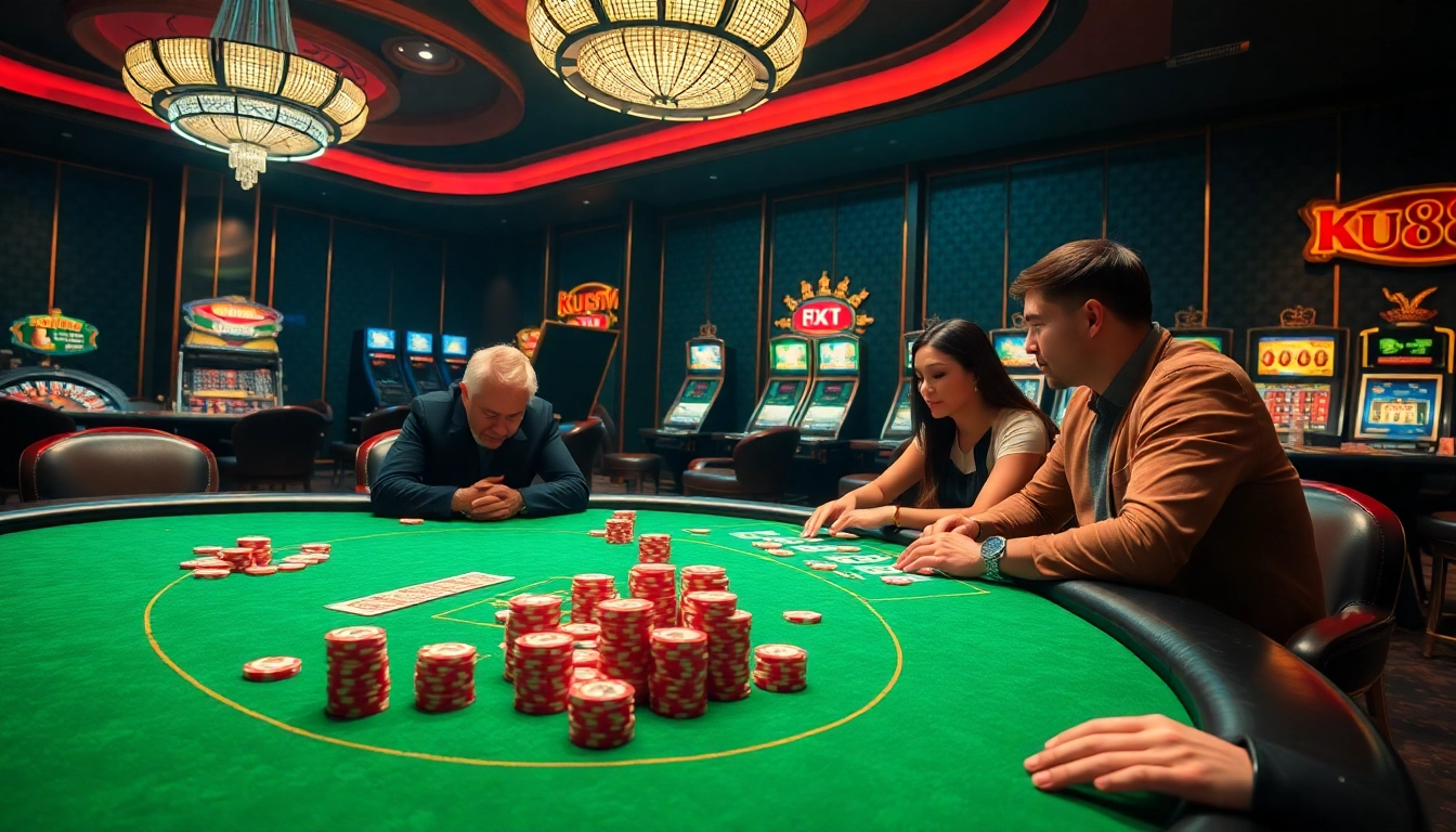 Players enjoying an exciting game of poker at ku88 casino, surrounded by vibrant slot machines.