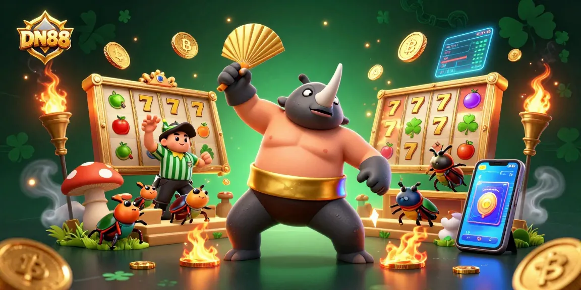 Experience dynamic gaming action at DN88 with a 3D cartoon illustration of beetle champions and slot game elements.