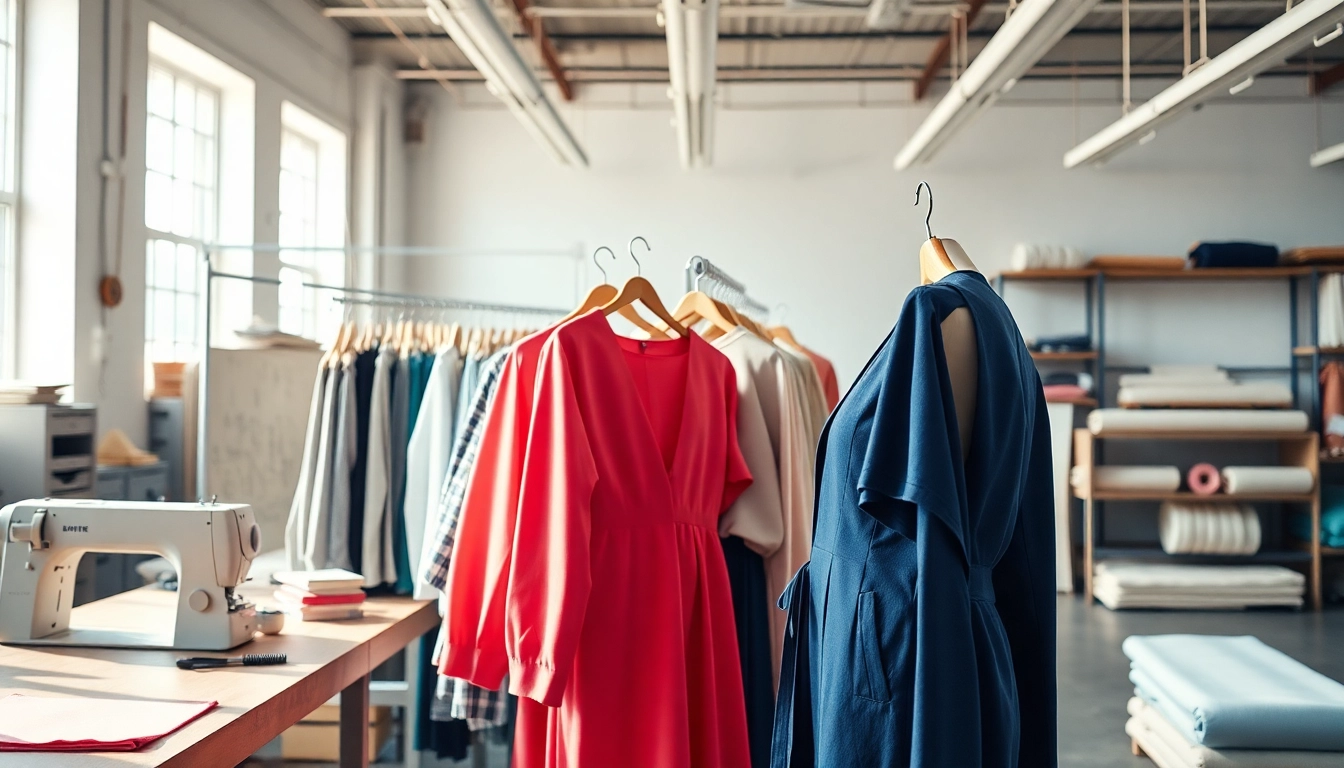 Showcasing stylish outfits as Women’s Clothing Manufacturer crafting garments in a vibrant workshop.