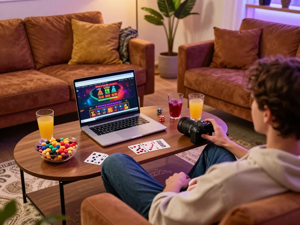 Engaged player enjoying LU88 online casino experience on their laptop in a cozy home setting.